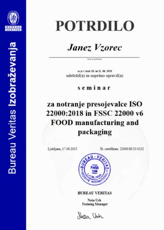 Vzorčno potrdilo za NP ISO 22000 in FSSC