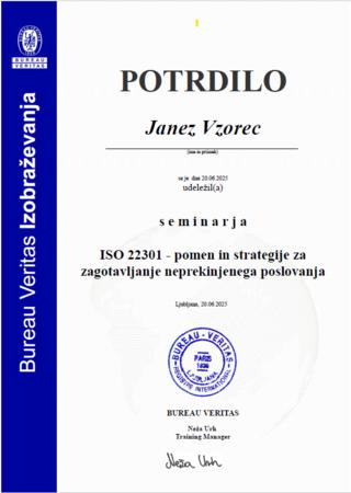 Vzorec potrdila ISO22301