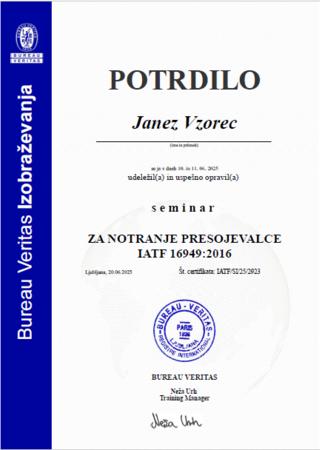 Vzorec potrdila za notranje presojevalce IATF