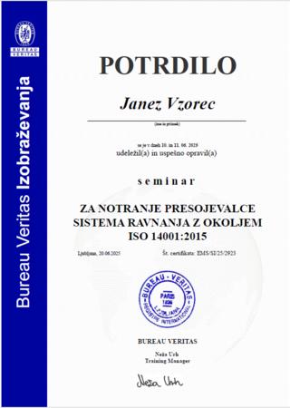 Vzorec potrdila za notranjega presojevalca ISO14001 