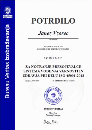 Vzorec potrdila za notranjega presojevalca ISO45001