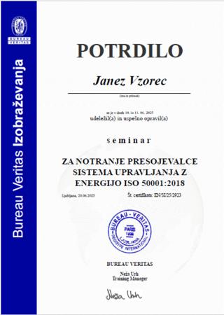 Vzorec potrdila za notranjega presojevalca ISO50001