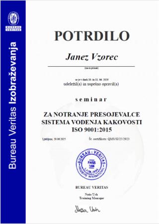 Vzorec potrdila Seminar za notranje presojevalce ISO 9001