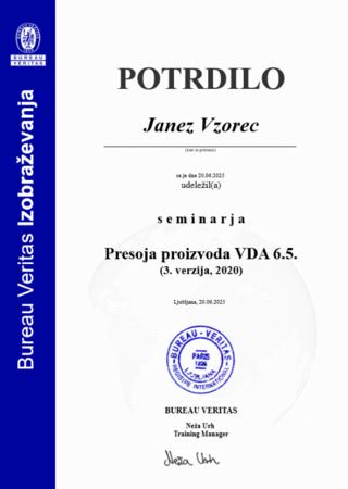 Vzorec potrdila VDA 6.5