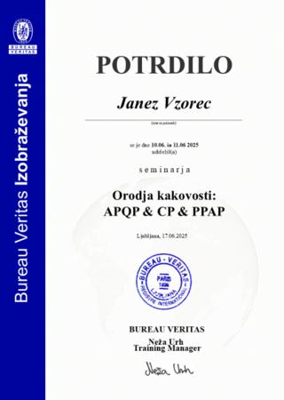 Vzorčno potrdilo Orodja kakovosti APQP & CP & PPAP