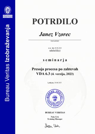 Vzorec potrdila VDA 6.3