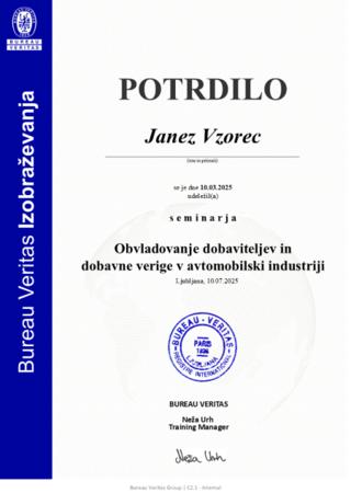 Vzorec potrdila Obvladovanje dobaviteljev v avtomobilski industriji