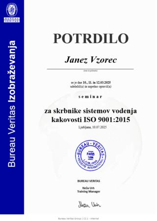 Vzorčno potrdilo za skrbnike sistemov vodenja kakovosti