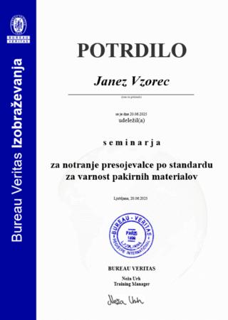 Vzorčno potrdilo Standard za varnost pakirnih materialov