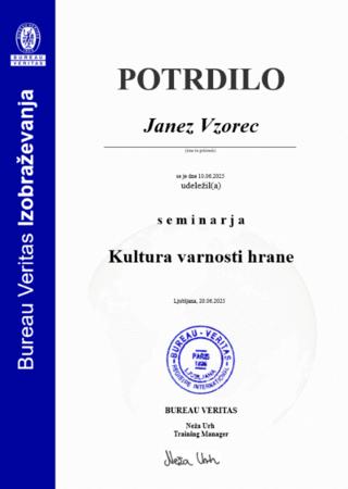Vzorec potrdila Kultura varnosti hrane