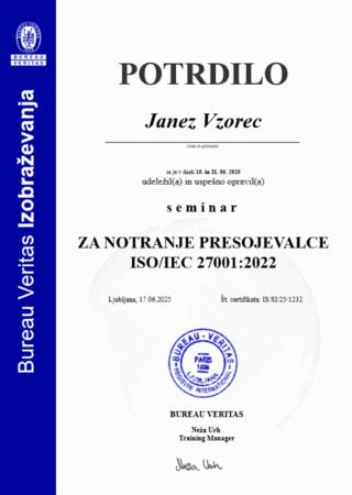 Vzorec potrdila za NP ISO 27001