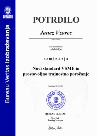 Vzorčno potrdilo certifikat VSME 