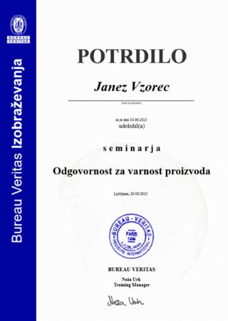 Vzorčno potrdilo Odgovornost za varnost proizvoda