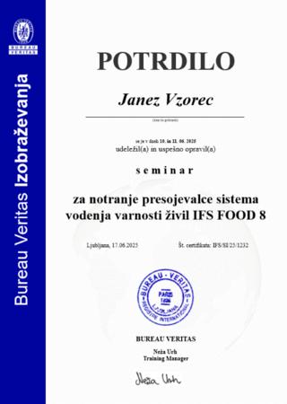 Vzorčno potrdilo za NP IFS FOOD