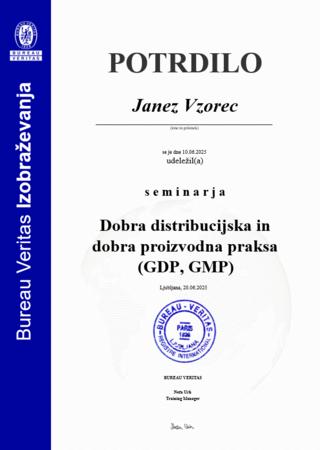vzorec potrdila za Dobra distribucijska praksa