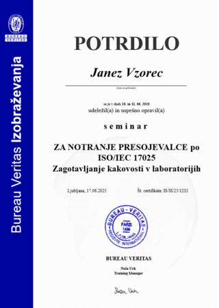 vzorec potrdila za notranje presojevalce po ISO 17025