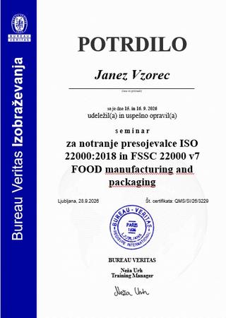 Notranji presojevalec ISO 22000 in FSSC 22000